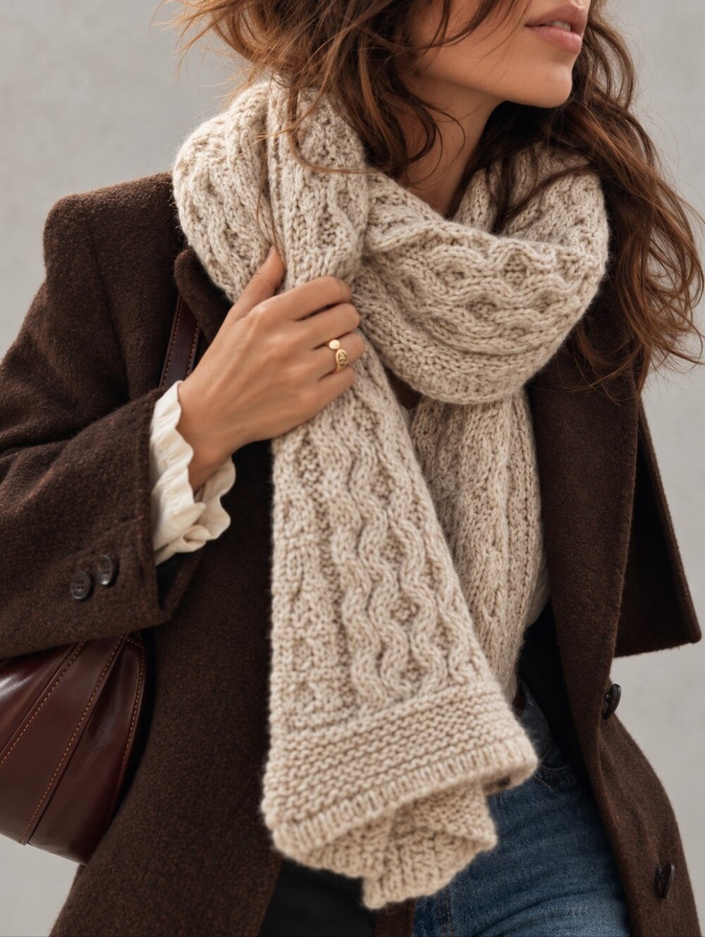Aran Crafts Ireland Merino Wool Beige Cable Knit Scarf Made In Ireland